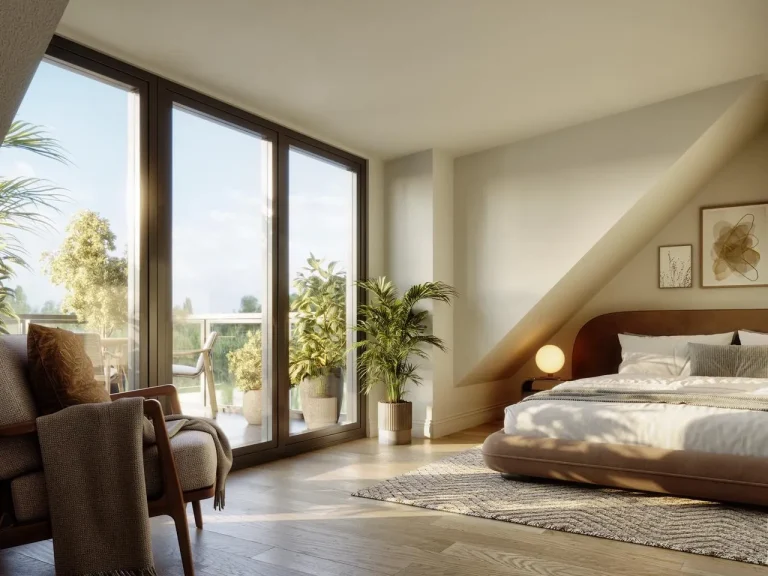 Helles Schlafzimmer mit Fenster, Pflanzen und modernem Komfort.