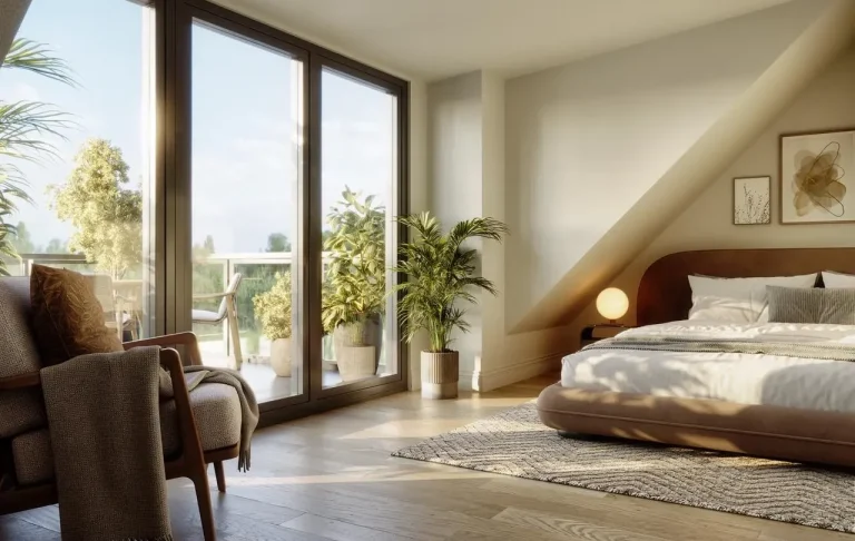 Helles Schlafzimmer mit großen Fenstern, Pflanzen und einem bequemen Bett.
