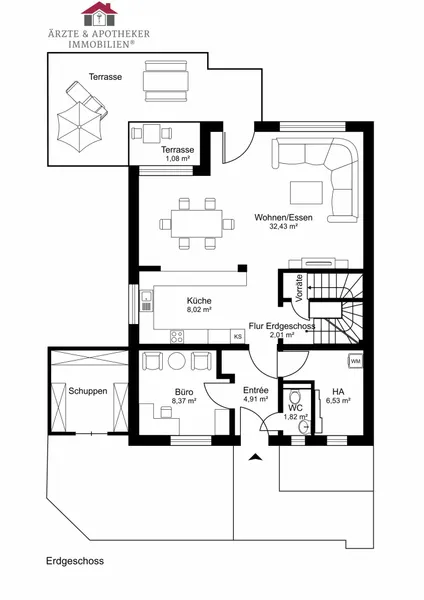 Grundriss eines Hauses mit Wohnzimmer, Essbereich, Küche und Treppenaufgang.