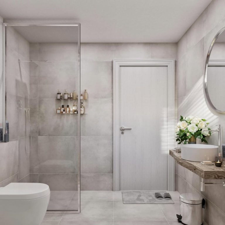 Modernes Badezimmer mit Dusche, WC, Waschbecken und minimalistischem Design.