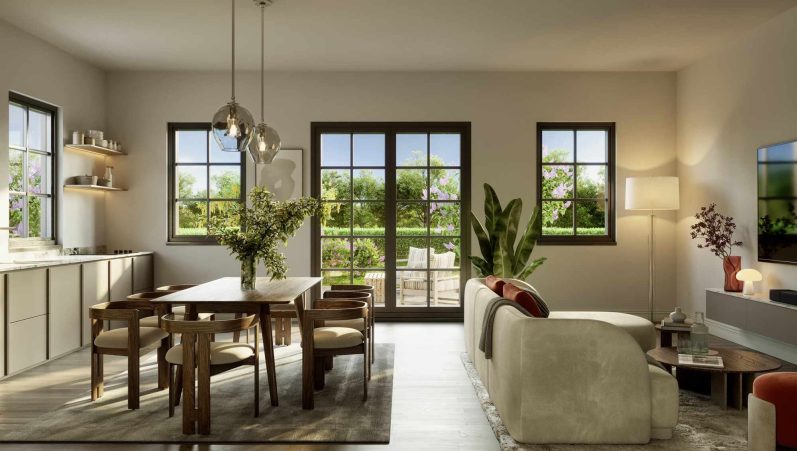 Helles Wohnzimmer mit Essbereich, Pflanzen, großen Fenstern und modernem Möbelstil.