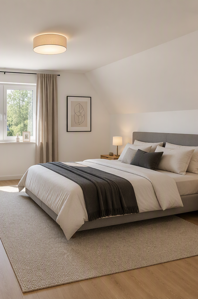 Helles Schlafzimmer mit einem Doppelbett, minimalistischer Einrichtung und Fensterblick.