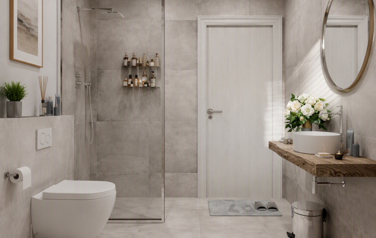 Helles Badezimmer mit Dusche, Pflanzen und einem großen Wandspiegel.