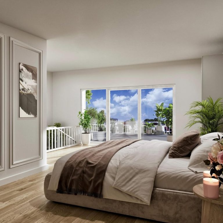 Helles Schlafzimmer mit großem Fenster, modernen Pflanzen und gemütlicher Bettwäsche.