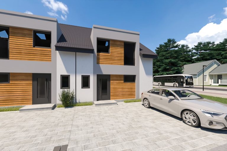 Moderne Wohnhäuser mit Holzverkleidung und einem Parkplatz für ein Auto.