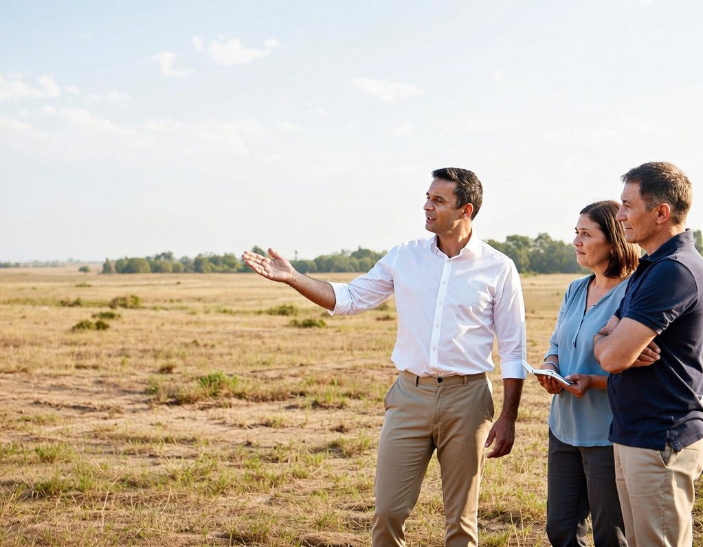 Drei Personen stehen auf einem Feld und diskutieren, während einer gestikuliert.