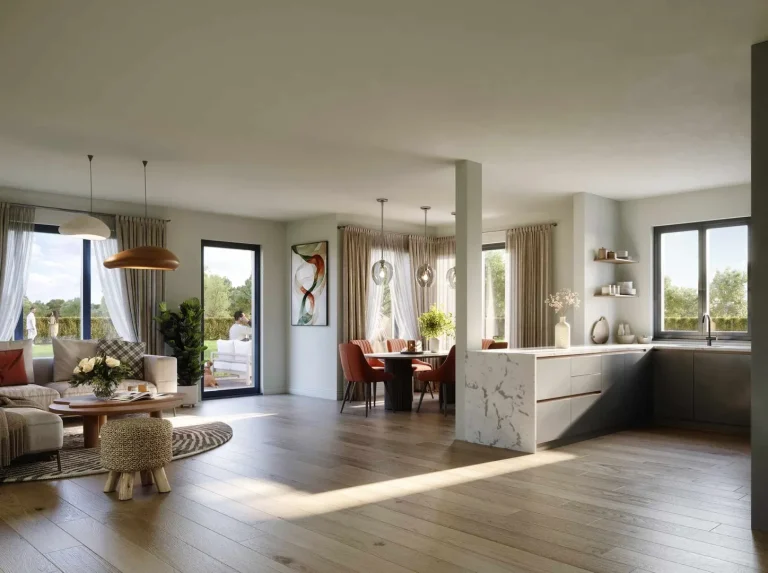 Helles, modernes Wohnzimmer mit offenen Räumen, großen Fenstern und stilvollen Möbeln.