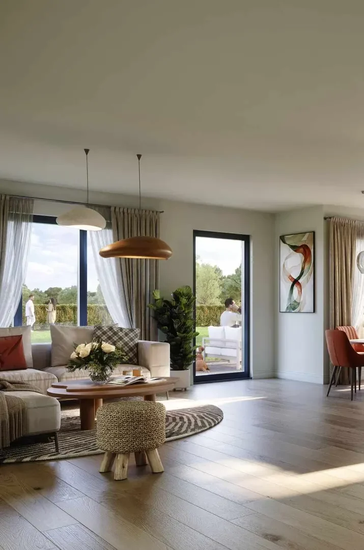 Helles Wohnzimmer mit modernen Möbeln, Pflanzen und großen Fenstern.