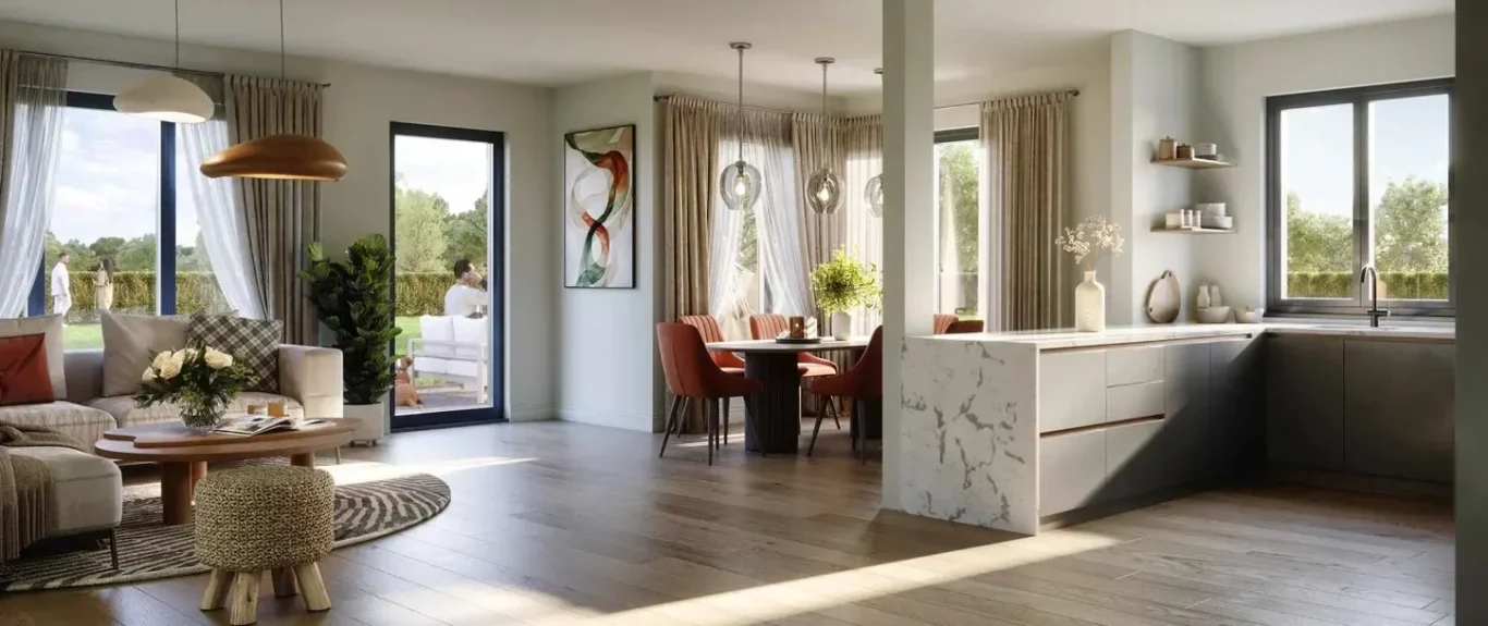 Helles, modernes Wohn- und Esszimmer mit Kücheninsel und großen Fenstern.