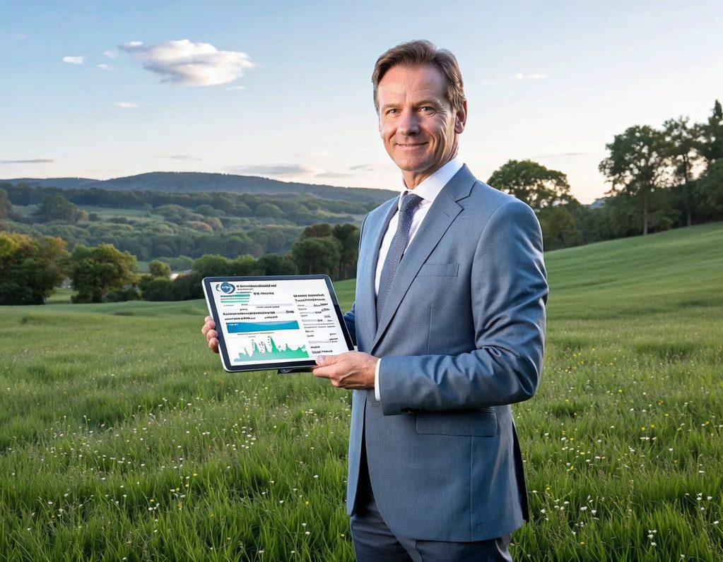 Mann in Anzug hält ein Tablet mit Diagrammen, steht in einer grünen Landschaft.