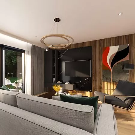 Moderne Wohnzimmergestaltung mit Holzverkleidung, Fernseher und stilvollen Möbeln.