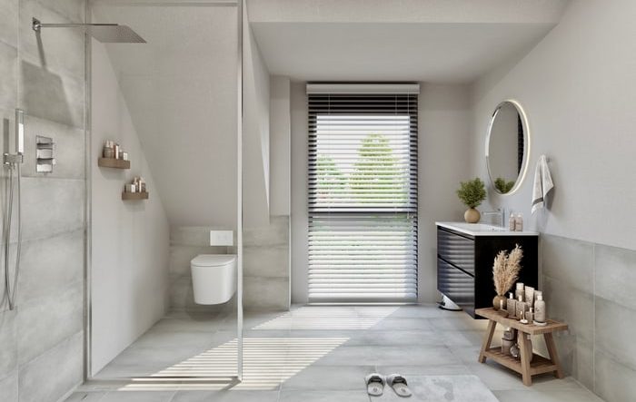 Helles modernes Badezimmer mit Dusche, Toilette, Spiegel und Pflanzen.