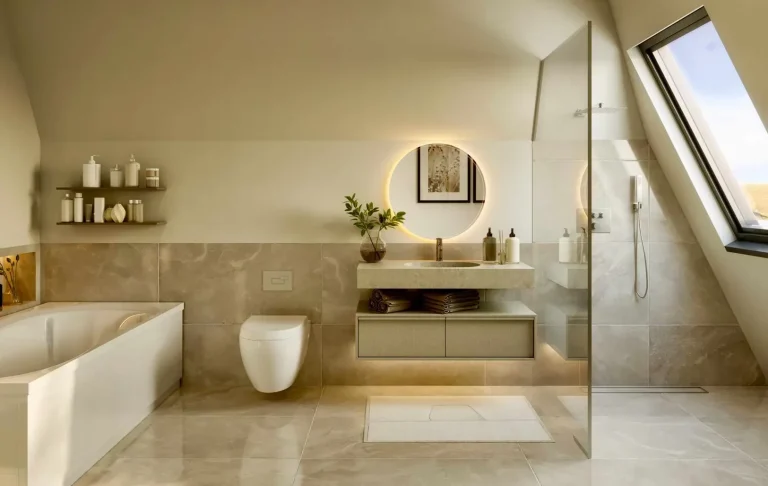 Helles modernes Badezimmer mit Dusche, Waschbecken und neutralen Farben.