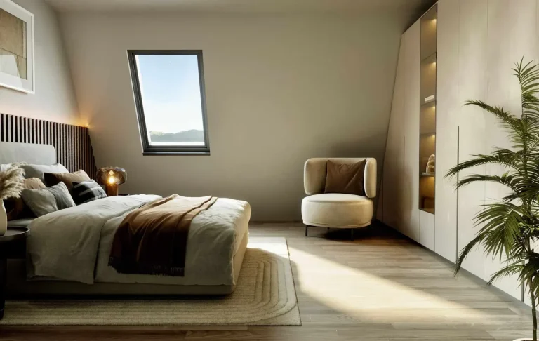 Modern Schlafzimmer mit zwei Bildern an der Wand, Pflanzen und gemütlicher Bettwäsche.