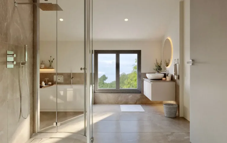Helles, modernes Badezimmer mit ebenerdiger Dusche und Blick auf die Natur.