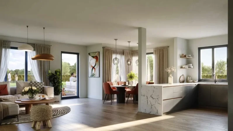 Helles Wohnzimmer mit Essbereich, Pflanzen, großen Fenstern und modernem Möbelstil.