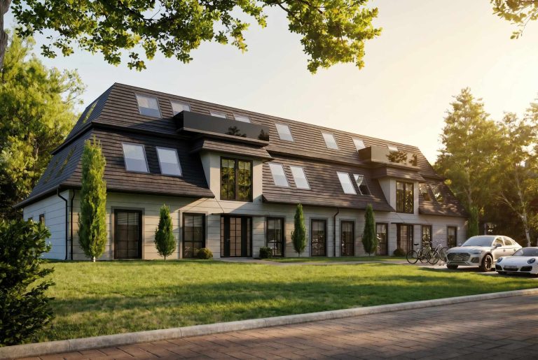 Moderne Wohnanlage mit Grünflächen und Parkplätzen, umgeben von Bäumen.